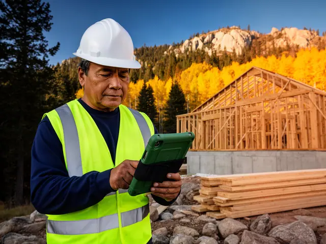 Builder in a white hard hat and hi-vis vest checking a tablet on a construction site
