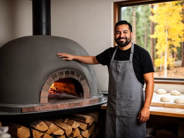 Pizzeria owner with his hand on a new wood-fired pizza oven