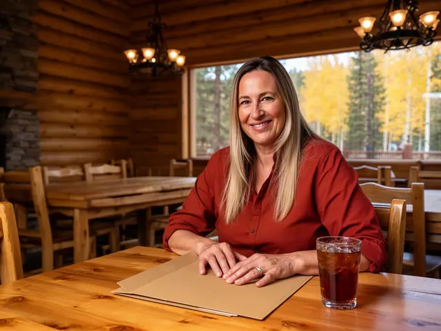 Owner of a bison-burger and barbecue restaurant reviewing accounts in the empty dining room