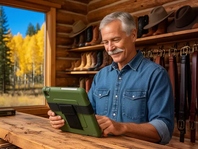 Owner of a western leather and boot shop checking inventory on a tablet behind the counter