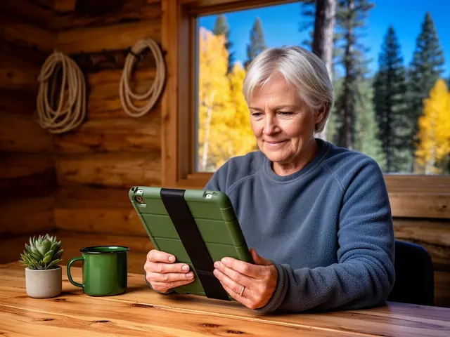 Owner of a trail-guide and outfitting business reviewing finances on a tablet at a desk by a window