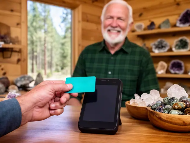 Customer tapping a card on a countertop terminal at a rock, fossil and gift shop