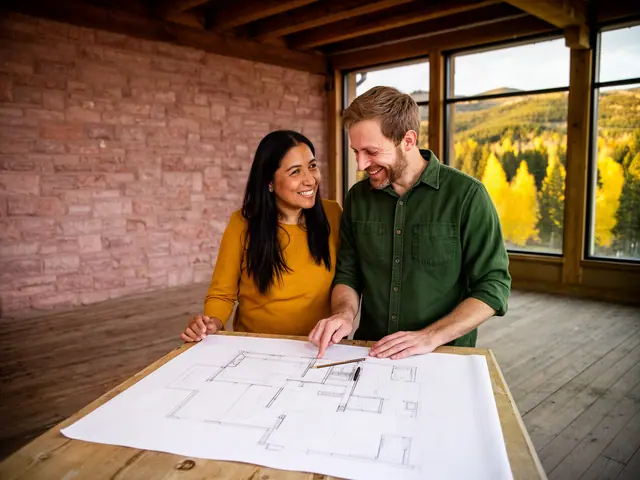 Two business partners planning a renovation over a hand-drawn floor sketch in an empty storefront